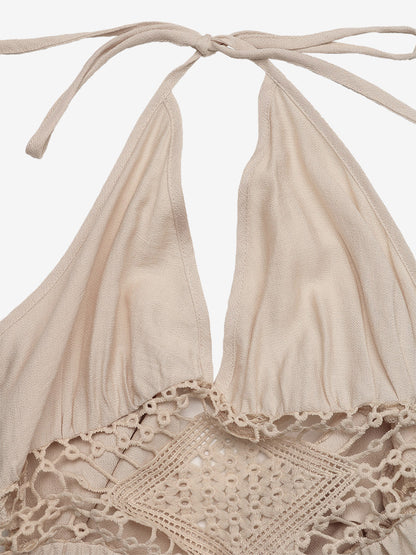 Women's Beige Halter Neck Maxi Dress With Crochet Cutout Sleeveless Flowy Summer Beach Dress