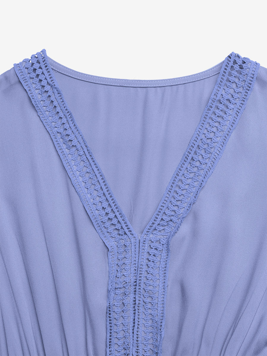 Women's Light Blue V Neck Lace Trim Maxi Dress Short Sleeve Tiered Flowy Casual Summer Dress