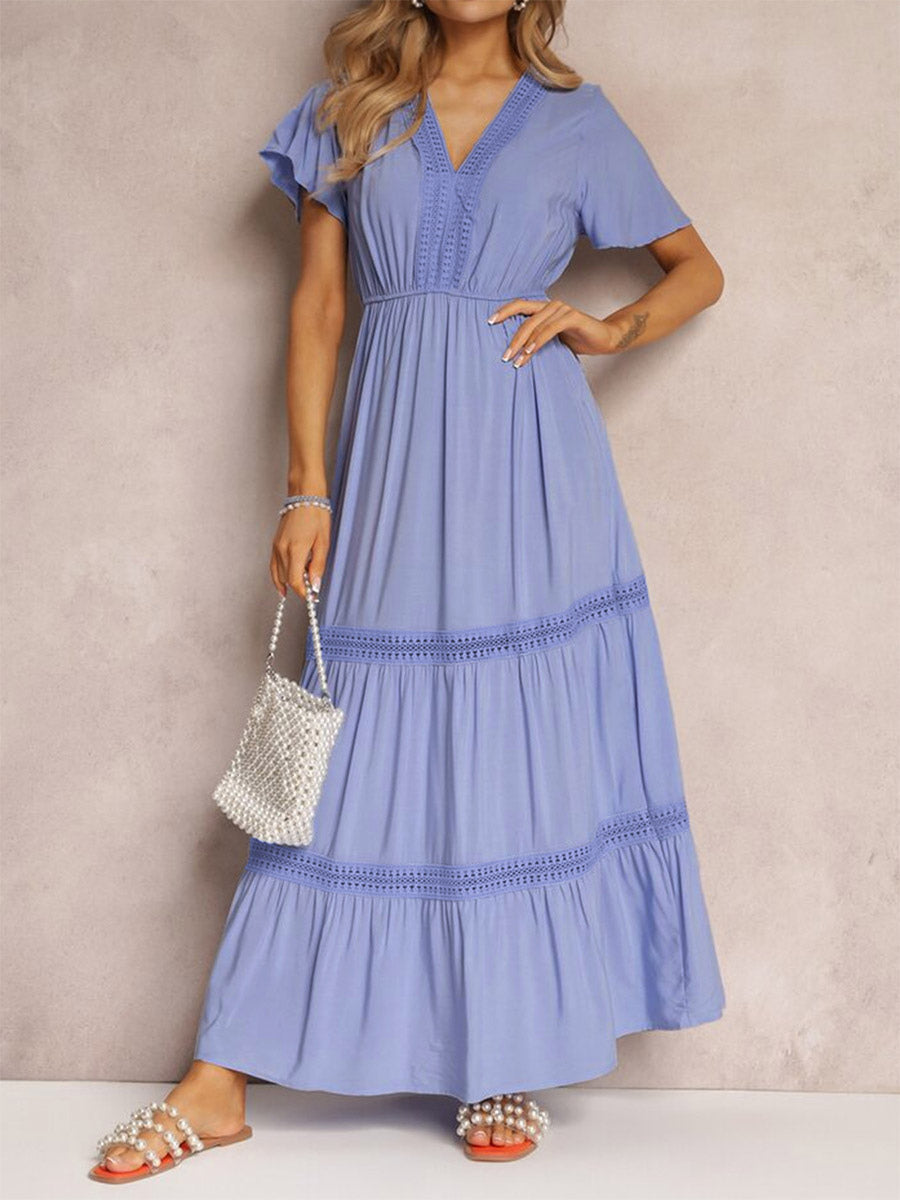 Women's Light Blue V Neck Lace Trim Maxi Dress Short Sleeve Tiered Flowy Casual Summer Dress