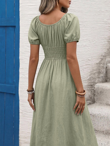 Women's Sage Green Square Neck Puff Sleeve Maxi Dress Smocked Waist Flowy Casual Summer Dress