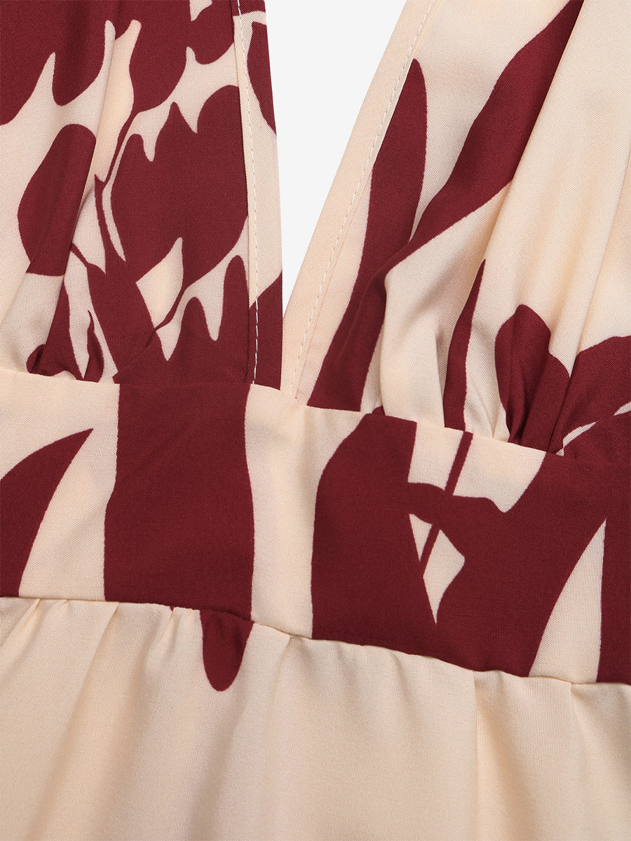 Women's Cream Burgundy Floral Print Spaghetti Strap Maxi Dress Deep V Neck Flowy Summer Beach Dress