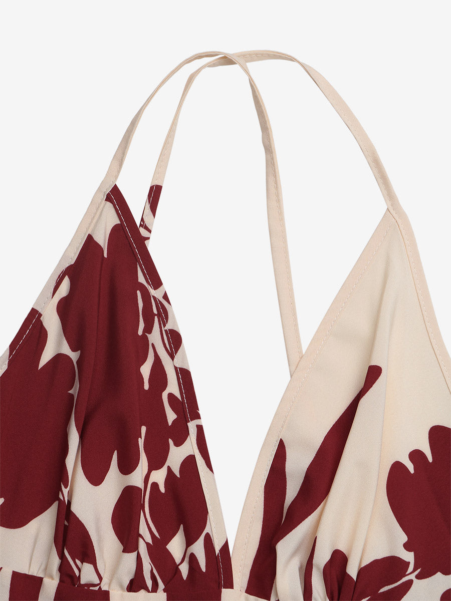 Women's Cream Burgundy Floral Print Spaghetti Strap Maxi Dress Deep V Neck Flowy Summer Beach Dress