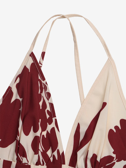 Women's Cream Burgundy Floral Print Spaghetti Strap Maxi Dress Deep V Neck Flowy Summer Beach Dress