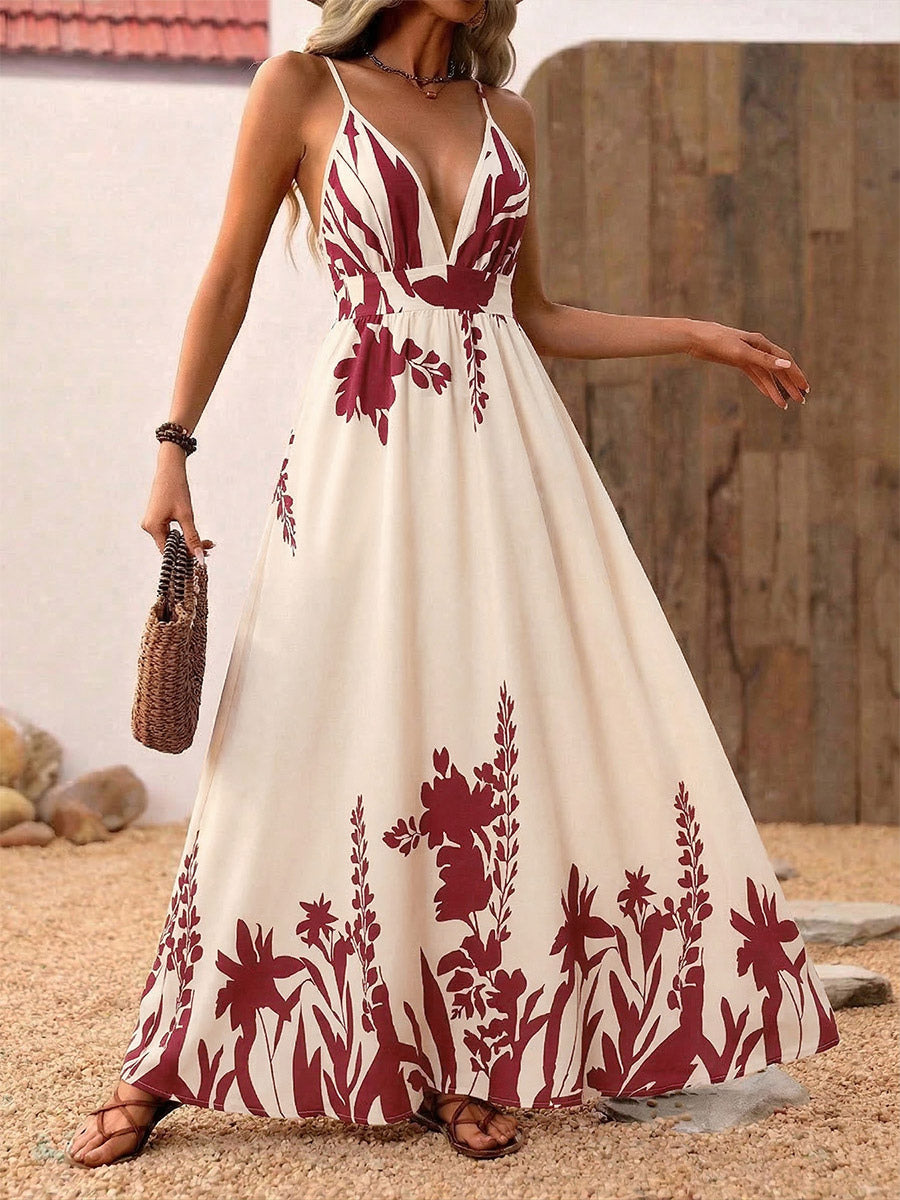 Women's Cream Burgundy Floral Print Spaghetti Strap Maxi Dress Deep V Neck Flowy Summer Beach Dress