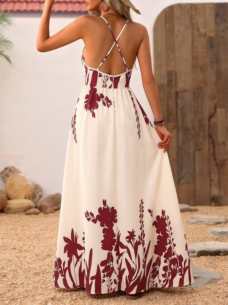 Women's Cream Burgundy Floral Print Spaghetti Strap Maxi Dress Deep V Neck Flowy Summer Beach Dress
