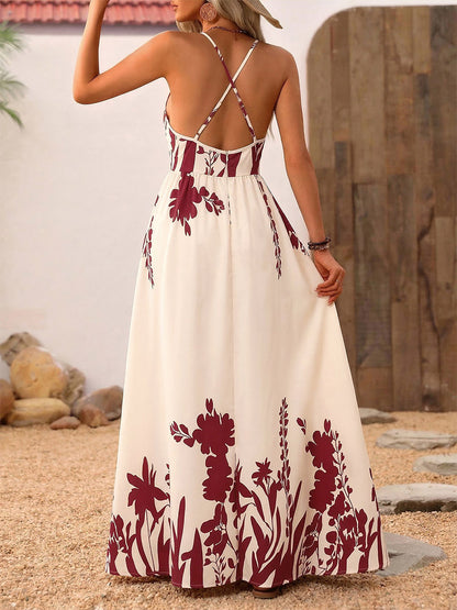 Women's Cream Burgundy Floral Print Spaghetti Strap Maxi Dress Deep V Neck Flowy Summer Beach Dress