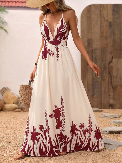 Women's Cream Burgundy Floral Print Spaghetti Strap Maxi Dress Deep V Neck Flowy Summer Beach Dress