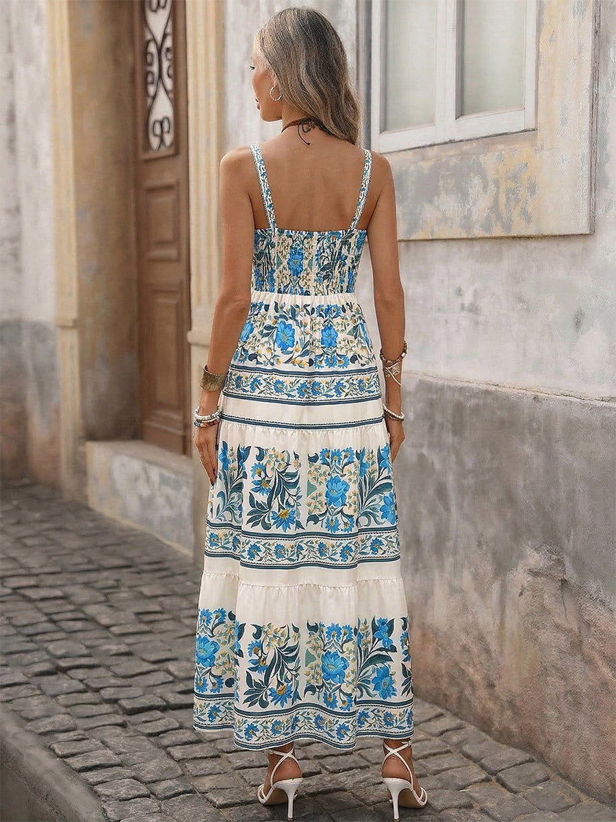 Women's Blue Floral Print Spaghetti Strap Maxi Dress Tie Front Tiered Flowy Summer Beach Dress