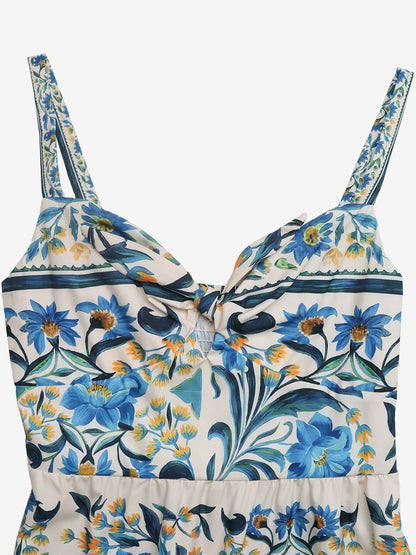 Women's Blue Floral Print Spaghetti Strap Maxi Dress Tie Front Tiered Flowy Summer Beach Dress