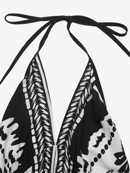 Women's Black White Tropical Print Halter Maxi Dress V Neck Sleeveless Flowy Summer Beach Dress