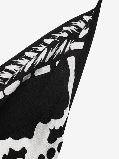 Women's Black White Tropical Print Halter Maxi Dress V Neck Sleeveless Flowy Summer Beach Dress