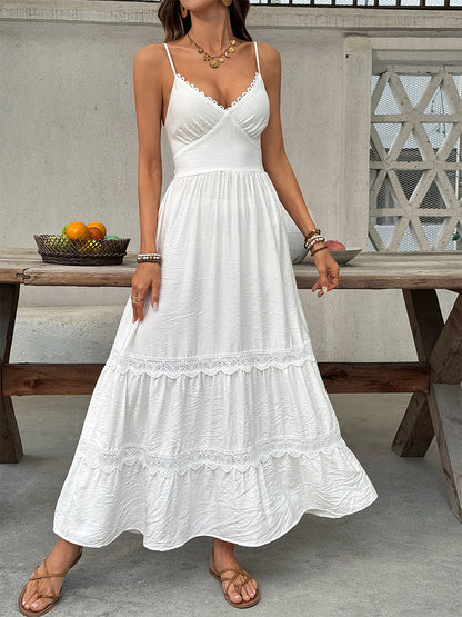 Women's White Lace Trim Spaghetti Strap Maxi Dress V Neck Tiered Flowy Summer Beach Dress