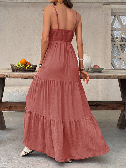 Women's Dusty Rose V Neck Spaghetti Strap Tiered Maxi Dress Sleeveless Flowy Summer Beach Dress