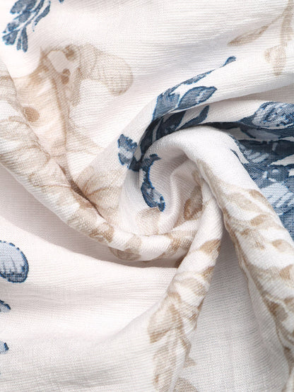 Women's White Blue Leaf Print Square Neck Maxi Dress Smocked Ruffle Sleeve Tiered Casual Summer Dress