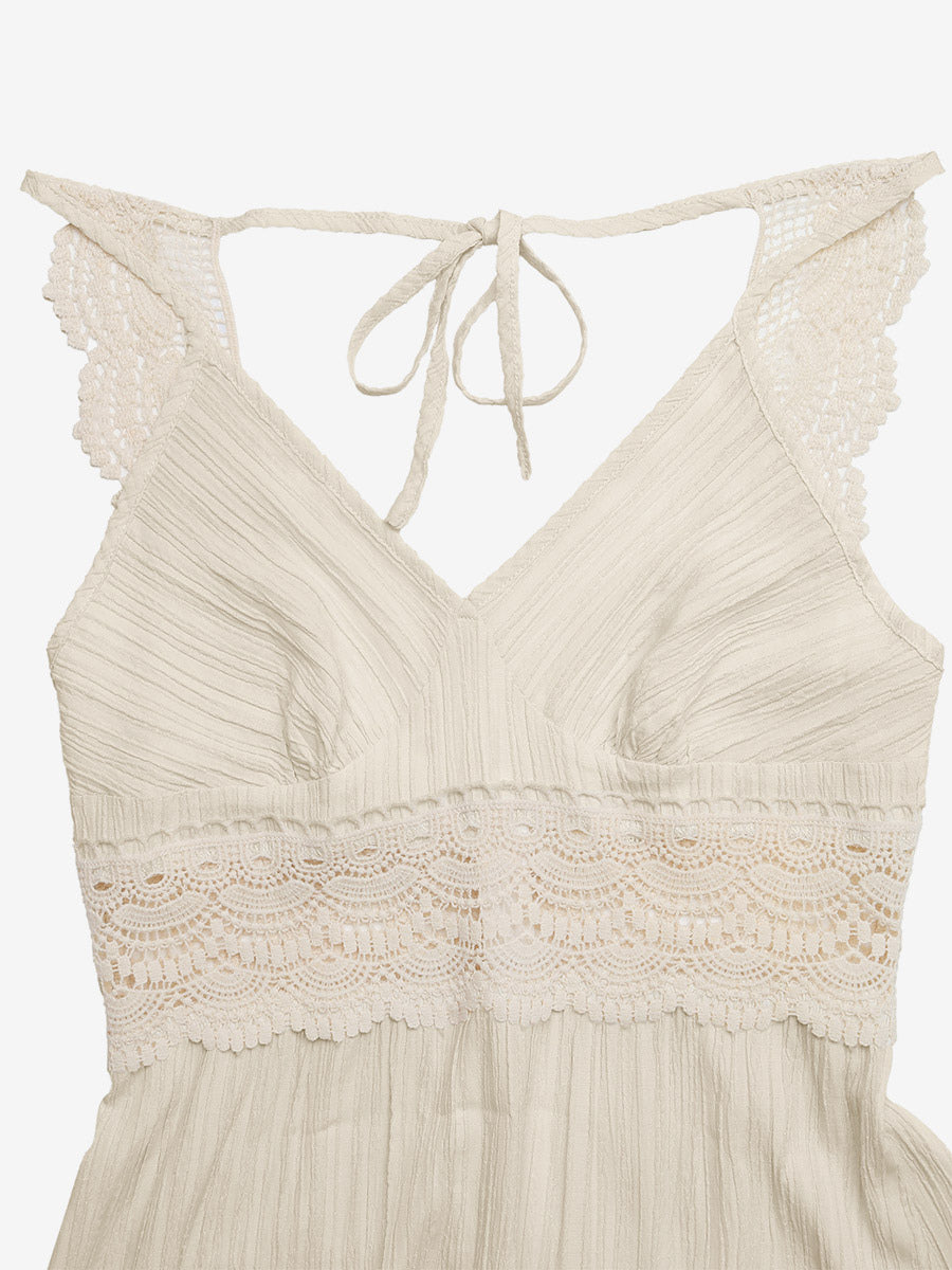 Women's Cream White Lace Waist Spaghetti Strap Maxi Dress V Neck Flowy Summer Beach Dress