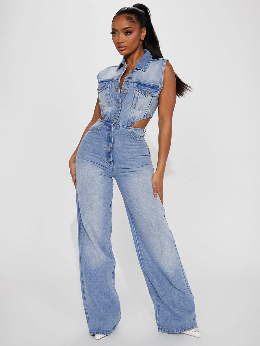 Jumpsuits Light Sky Blue Turndown Collar Sleeveless Cut Out Denim Straight Summer Playsuit