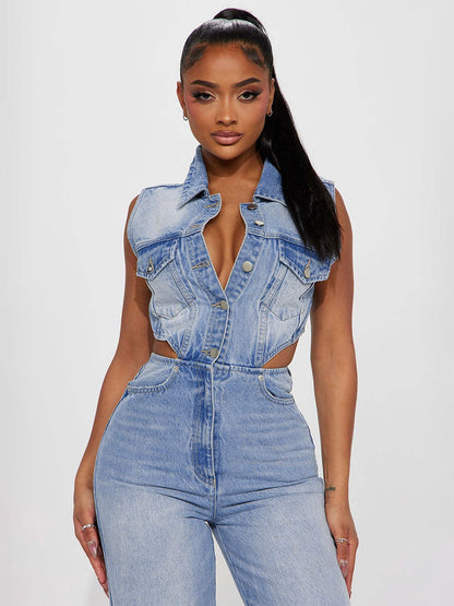 Jumpsuits Light Sky Blue Turndown Collar Sleeveless Cut Out Denim Straight Summer Playsuit