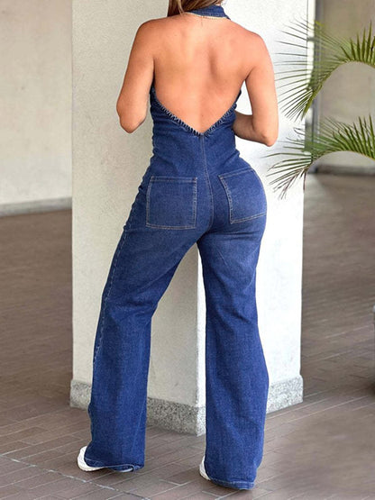 Jumpsuits Blue Turndown Collar Sleeveless Halter Denim Straight Summer One Piece Outfit