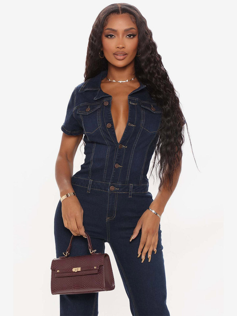 Jumpsuits Deep Blue Turndown Collar Short Sleeves Denim Wide Summer Playsuit