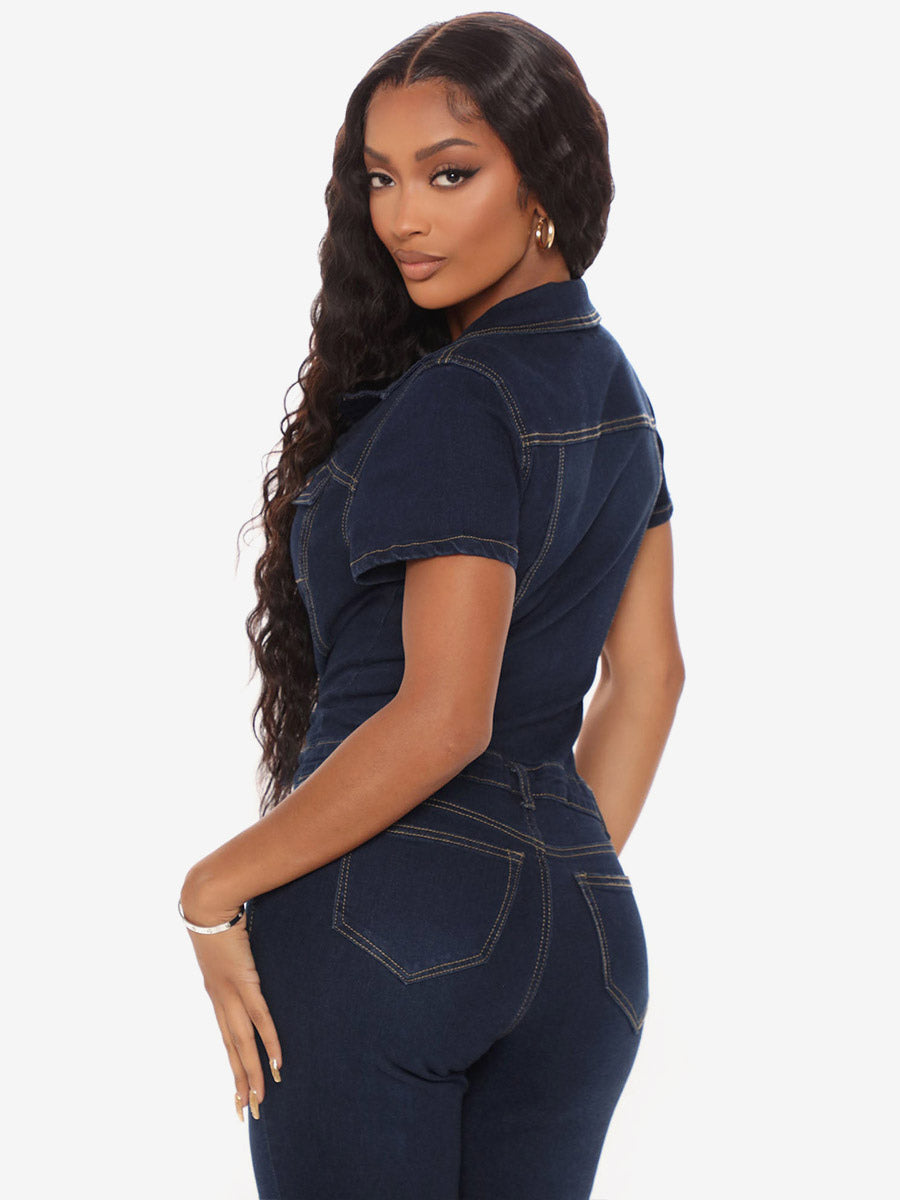 Jumpsuits Deep Blue Turndown Collar Short Sleeves Denim Wide Summer Playsuit