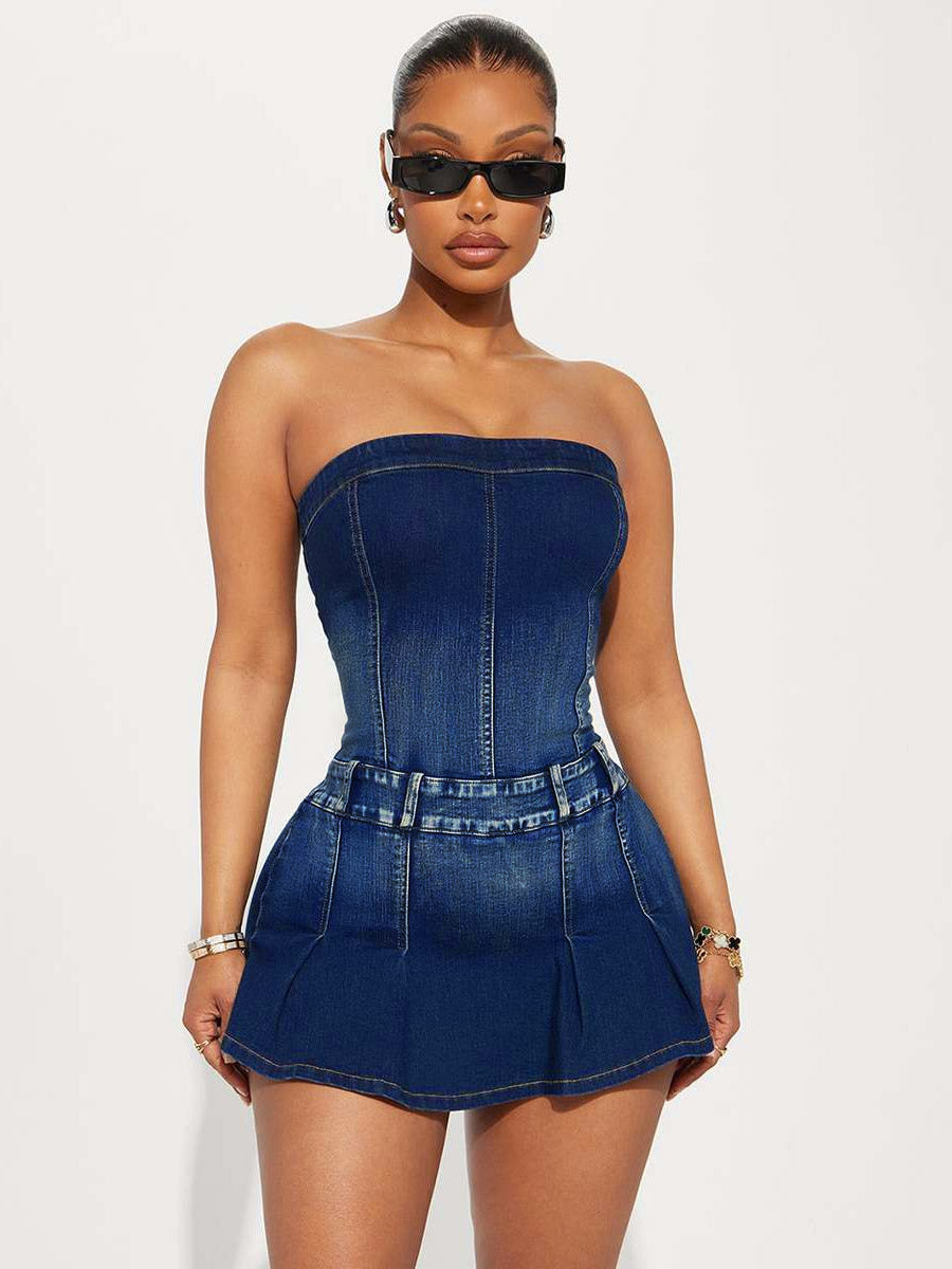 Jumpsuits Deep Blue Strapless Sleeveless Denim Summer Playsuit