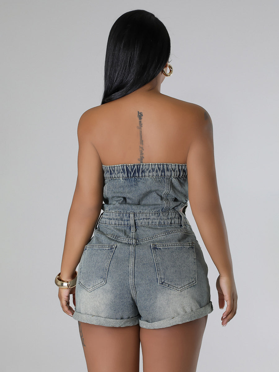 Jumpsuits Illusion Blue Strapless Sleeveless Cut Out Denim Summer Playsuit