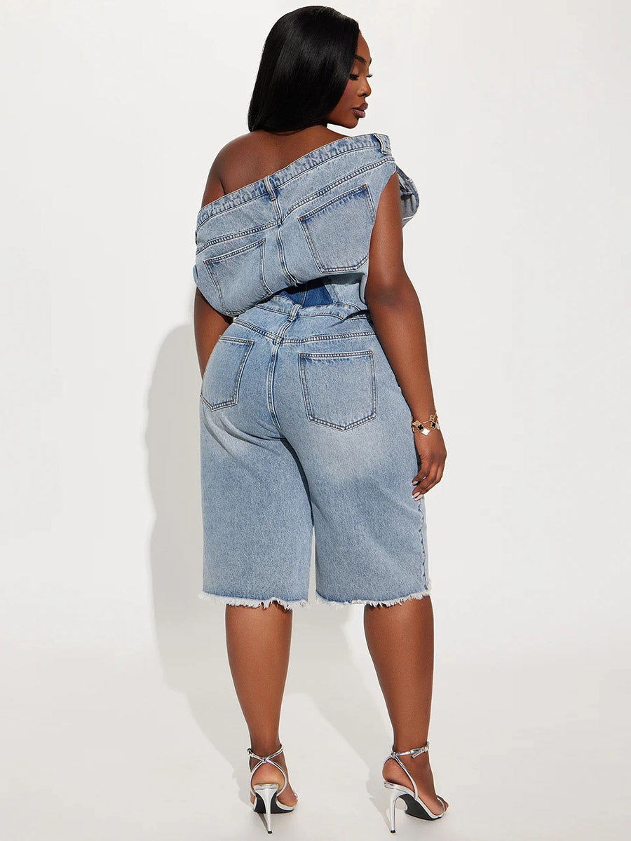 Jumpsuits Blue Notched Neckline Sleeveless Denim Loose Summer One Piece Outfit
