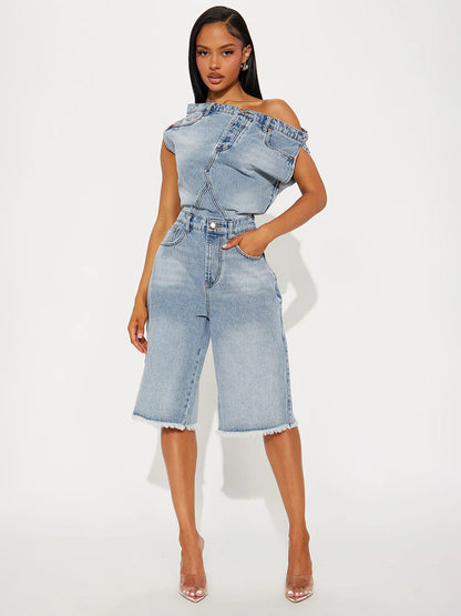 Jumpsuits Blue Notched Neckline Sleeveless Denim Loose Summer One Piece Outfit