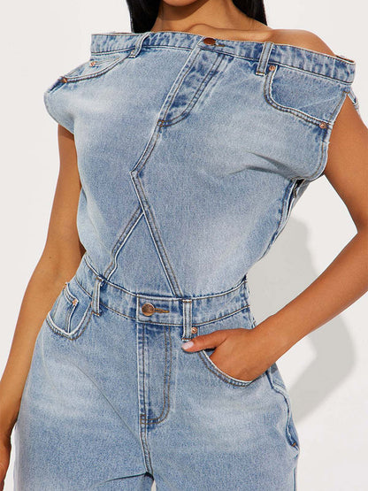 Jumpsuits Blue Notched Neckline Sleeveless Denim Loose Summer One Piece Outfit