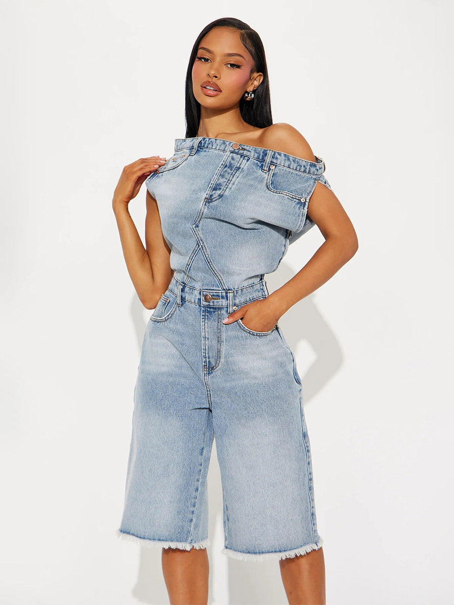 Jumpsuits Blue Notched Neckline Sleeveless Denim Loose Summer One Piece Outfit