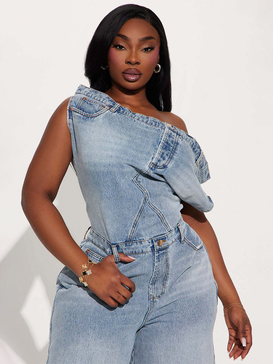 Jumpsuits Blue Notched Neckline Sleeveless Denim Loose Summer One Piece Outfit