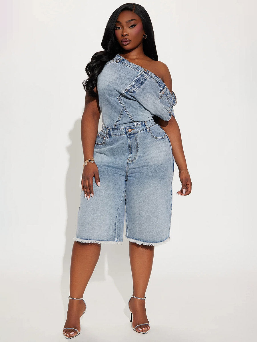 Jumpsuits Blue Notched Neckline Sleeveless Denim Loose Summer One Piece Outfit
