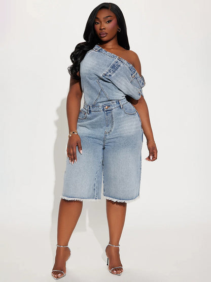 Jumpsuits Blue Notched Neckline Sleeveless Denim Loose Summer One Piece Outfit
