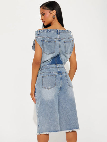 Jumpsuits Blue Notched Neckline Sleeveless Denim Loose Summer One Piece Outfit