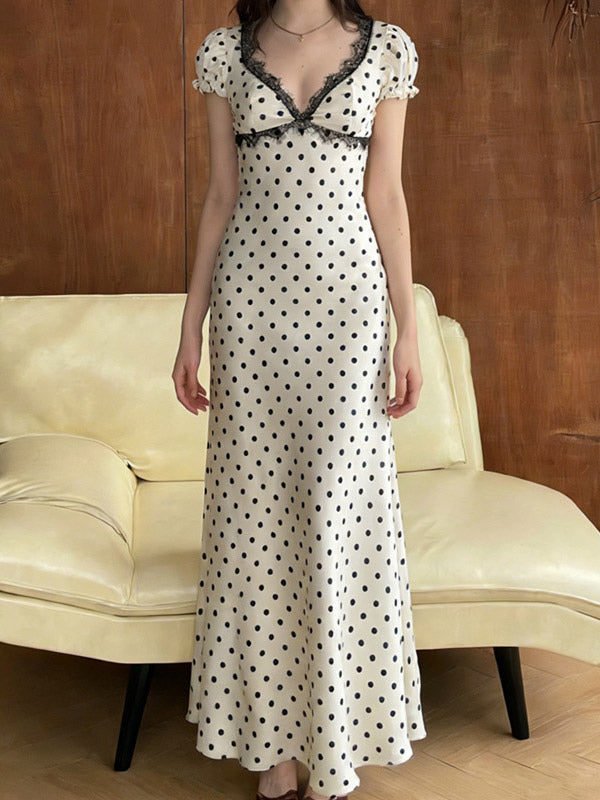 Flattering V Neck Cream Maxi Dress With Black Dots Ideal For Evenings