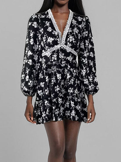 Date Night Dresses Mini Long Sleeves Floral Print V-Neck Elegant White Summer Dress