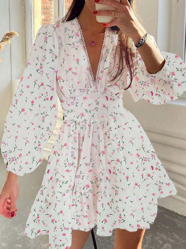Date Night Dresses Mini Long Sleeves Floral Print V-Neck Elegant White Summer Dress