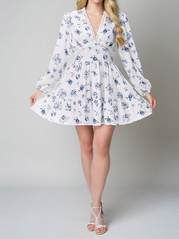 Date Night Dresses Mini Long Sleeves Floral Print V-Neck Elegant White Summer Dress