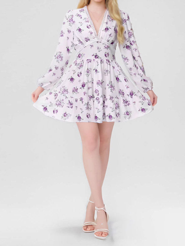 Date Night Dresses Mini Long Sleeves Floral Print V-Neck Elegant White Summer Dress
