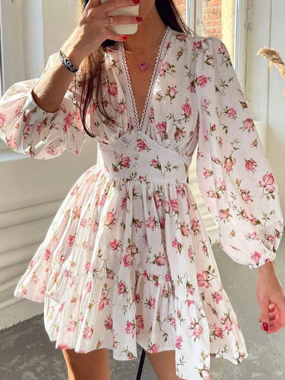 Date Night Dresses Mini Long Sleeves Floral Print V-Neck Elegant White Summer Dress