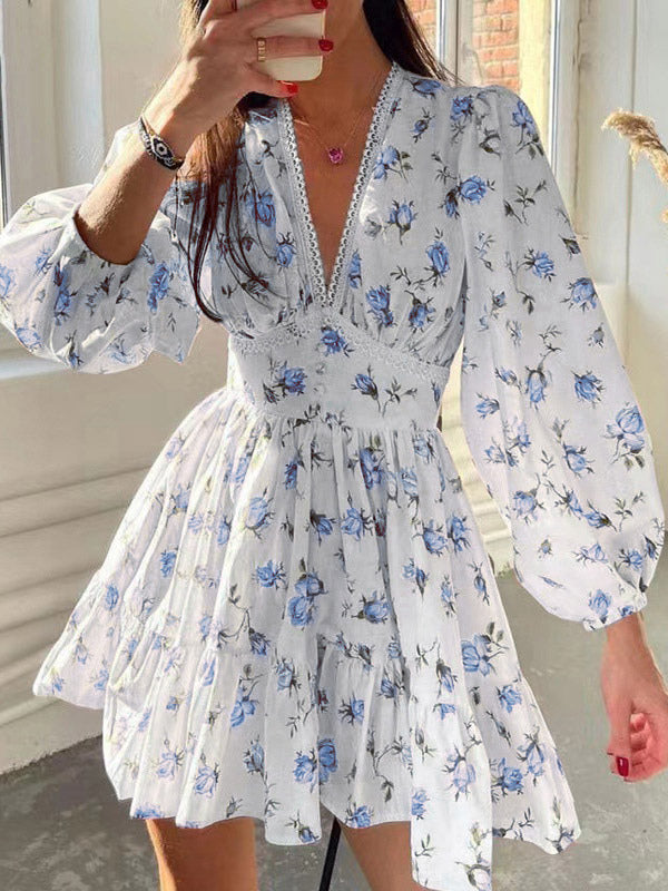 Date Night Dresses Mini Long Sleeves Floral Print V-Neck Elegant White Summer Dress