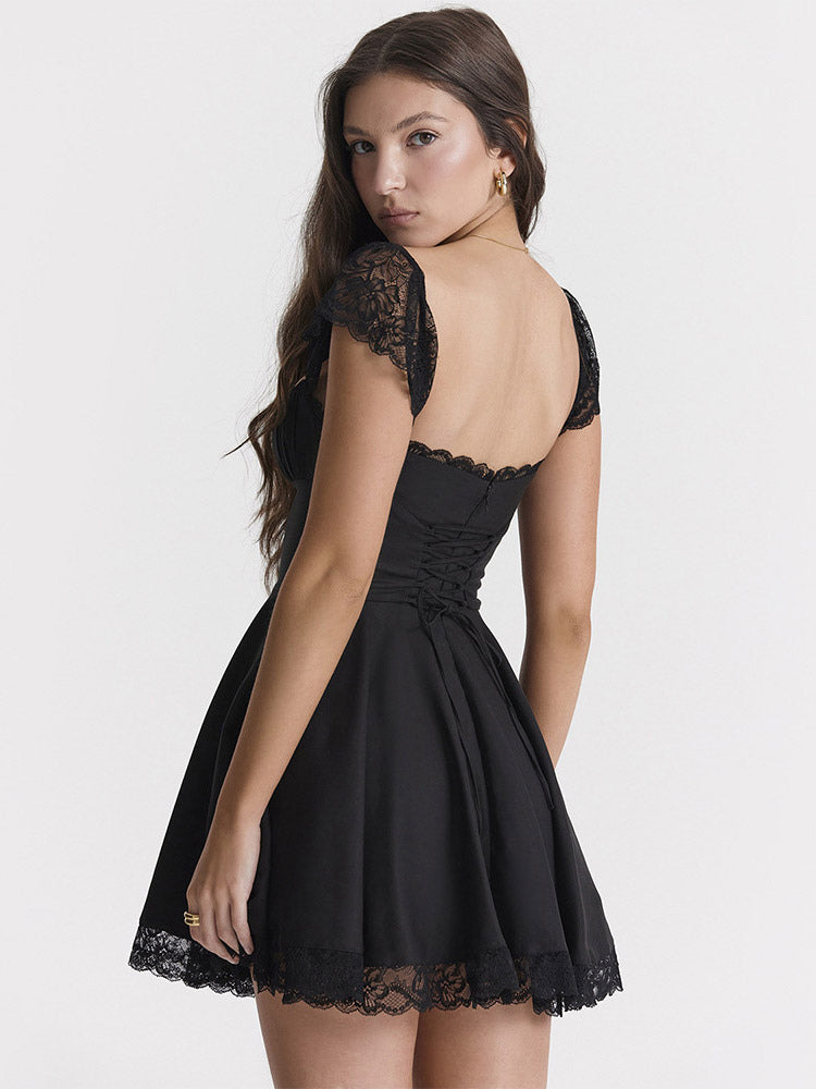 Date Night Dress Mini Lace Sleeveless Straps Neck Casual Black Summer Dress