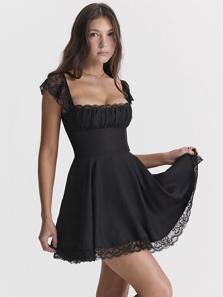 Date Night Dress Mini Lace Sleeveless Straps Neck Casual Black Summer Dress