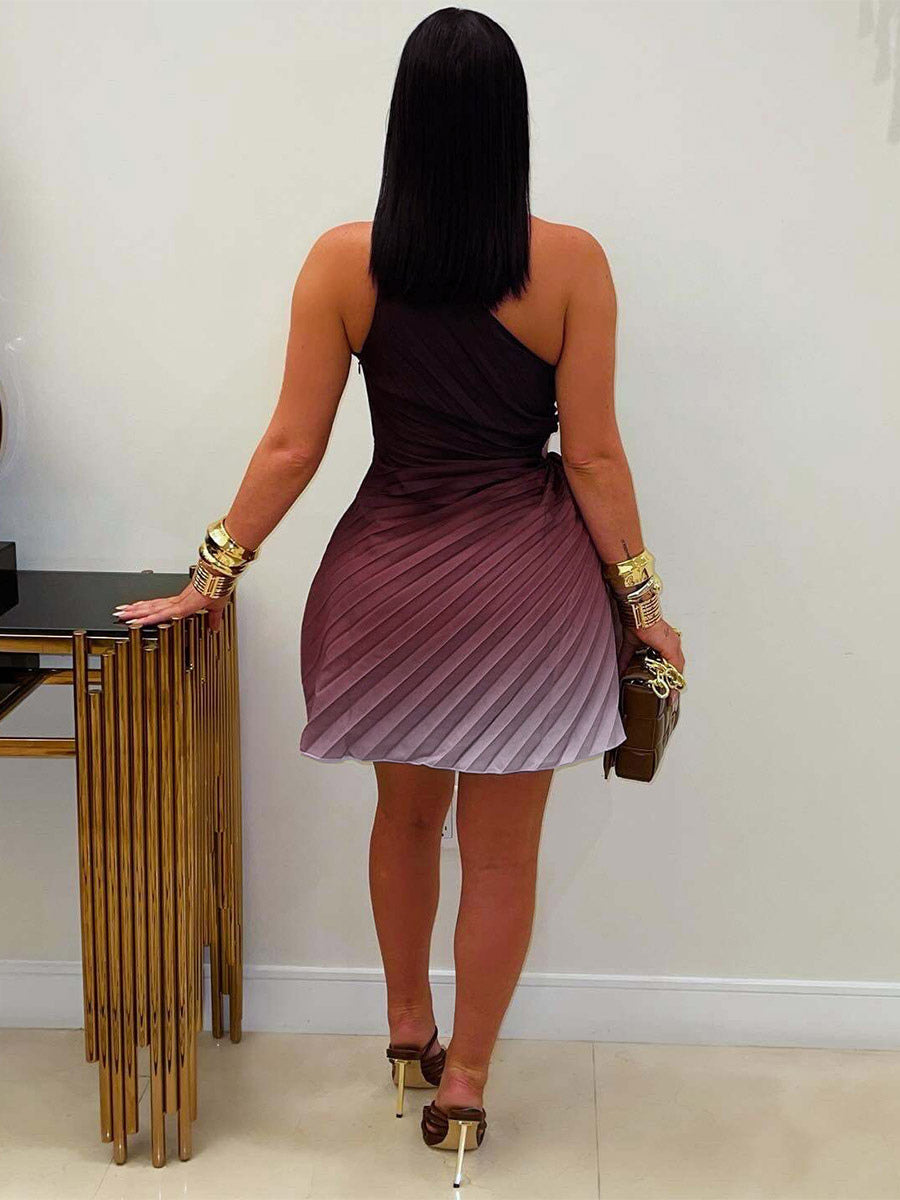 Date Night Dresses Mini Pleated Sleeveless Ombre Chic Brown Short Dress