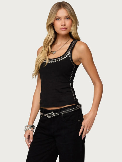 Black Cami Top Jewel Neck Rivets Sexy Women Camis Tanks