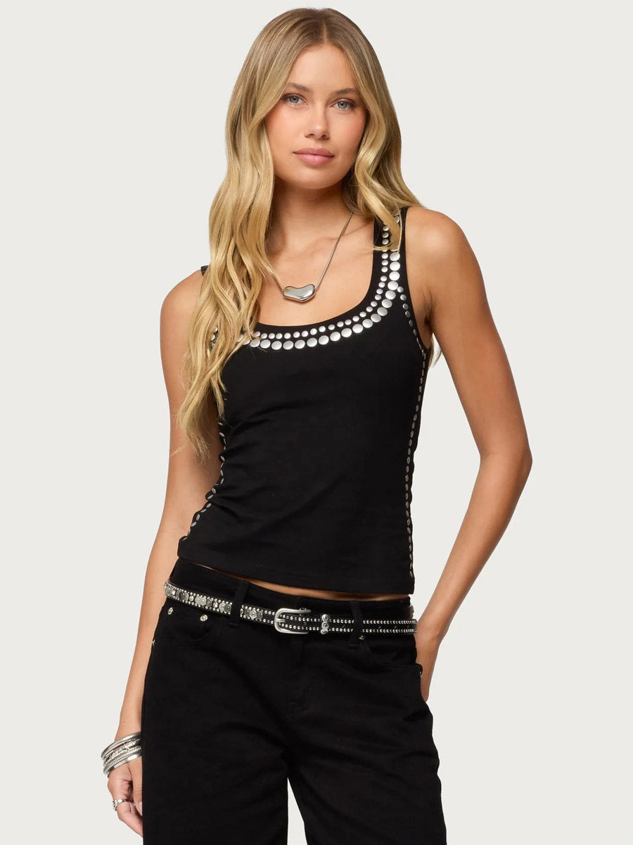 Black Cami Top Jewel Neck Rivets Sexy Women Camis Tanks