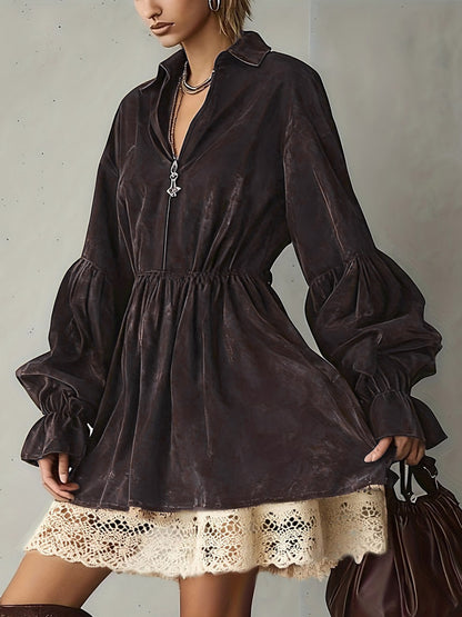 Daily Dresses For Women Mini Dresses Coffee Brown Lace Long Sleeves Turndown Collar Dress