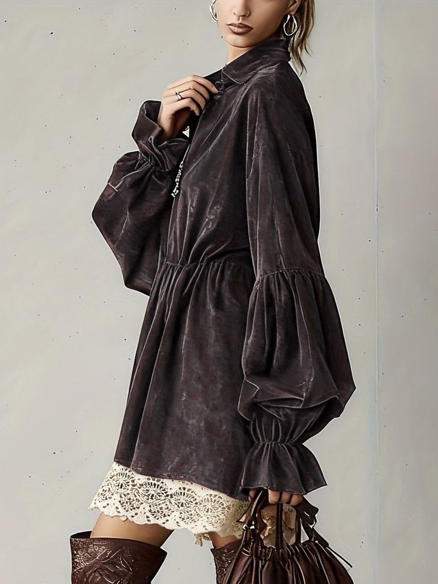 Daily Dresses For Women Mini Dresses Coffee Brown Lace Long Sleeves Turndown Collar Dress