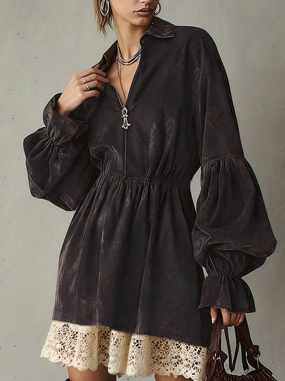 Daily Dresses For Women Mini Dresses Coffee Brown Lace Long Sleeves Turndown Collar Dress