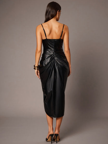 Party Dresses Midi Black Cowl Neck Pleated Sleeveless Semi Formal Bodycon Dress
